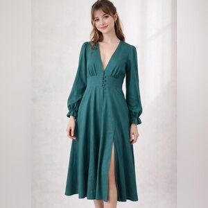 NWT Anthropologie o.p.t. Plunging V Neck Empire Waist A Line Midi Dress Green S